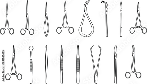 Set of Surgical Medical Instruments Outlines Isolated on White Background Featuring Forceps Scissors Tweezers and Clamps for Healthcare Hospital Surgery and Clinical Use