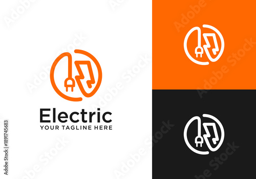 Vector electricity logo design, electric energy logo with lightning and plug in circle