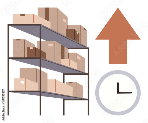 Logistics, inventory, retail, supply chain, shipping, organization. Shelving with boxes, arrow clock. Logistics and inventory concepts with shipping and time management emphasis