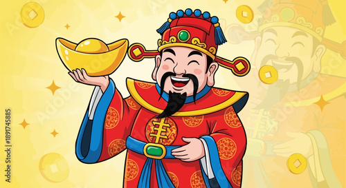 Cheerful cartoon depiction of the Chinese God of Wealth presenting a large golden ingot for prosperity