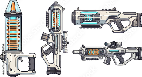 Detailed pixel art collection showcasing futuristic energy rifle designs with visible glowing power cores