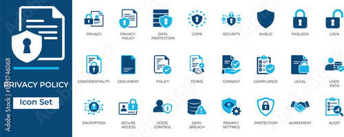Privacy policy and data protection icon set. GDPR, security, compliance, legal document, and encryption vector symbols for web, app, and interface design.