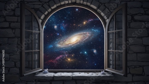 Majestic Galaxy View Through Arched Window Frame with Starry Sky and Cosmic Wonders