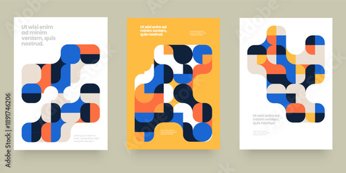 Abstract Geometric Poster Set Mid Century Modern Interlocking Shapes in Navy, Orange and Mustard for Wall Art and Branding