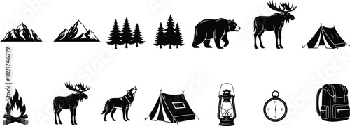Set of camping and wilderness icons mountains, trees, bear, moose, wolf, tent, fire, lantern, compass, backpack