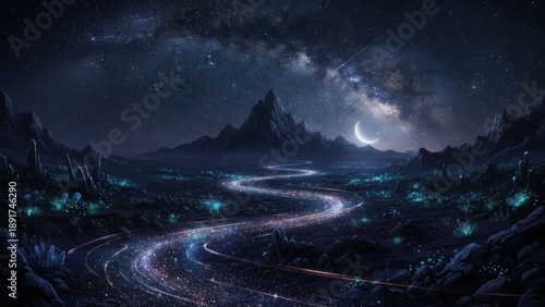 Serene Cosmic Landscape with Twinkling Stars and Glowing River Under Moonlight