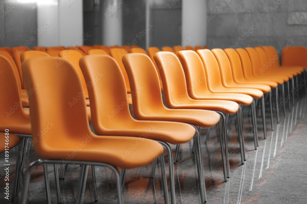 Obraz premium Comfortable soft orange chairs lined in an empty hall with a polished floor inviting visitors for upcoming events or gatherings during the day