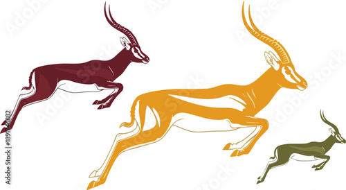 Three stylized antelopes or gazelles in dynamic leaping poses showcasing distinct color variations against black.
