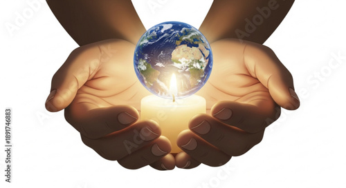 Hands cradling glowing earth globe with warm light