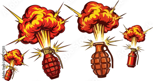 Detailed collection of pixel art fragmentation grenades depicting powerful explosions in multiple stages of detonation