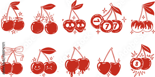 Retro Tattoo Style Cherry Icon Set 10 Vector Illustrations with Skull, Devil, Bomb and Emoji Variations for Sticker and Apparel Design