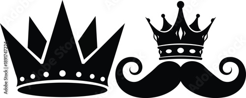 Royal Emblems and Mustache Silhouette Illustration Featuring Crown and Regal Symbols in a Classic Black and White Design