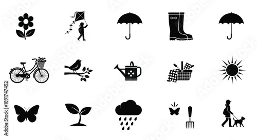 Collection of black silhouette icons for gardening and outdoor activities