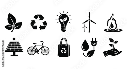 Sustainable living icons representing eco friendly practices