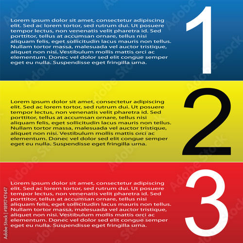 A colorful infographic template divided into three horizontal sections, each featuring a distinct background color - blue, yellow, and red - with large step numbers (1, 2, 3) prominently displayed. 
