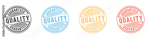 Set of quality guaranteed grunge rubber stamps in black, blue, yellow, and red colors
