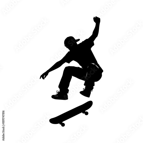 Silhouette of a skateboarder performing a jump trick isolated on white background.