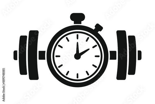 Fitness Stopwatch and Barbell Vector - Timed Workout Icon for HIIT Training, Gym Performance Tracking, Sports Competition, and Exercise Management Symbol.