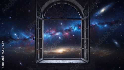 Mystical View of Galaxy Through Open Window on Starry Night with Vibrant Cosmic Colors