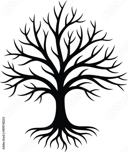 A bare tree with sprawling branches and roots, viewed from the front, in a simple illustration style