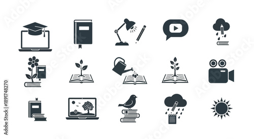 Collection of education and growth icons in black and white