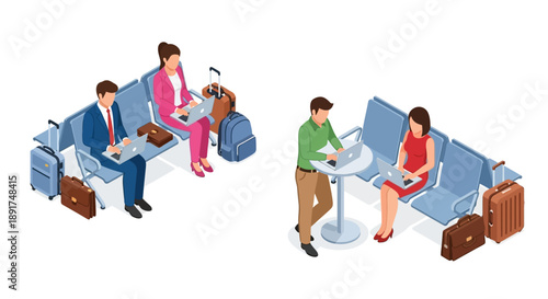 Isometric illustration of people working and traveling in an airport setting