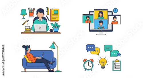 Remote work and virtual communication illustrated with colorful icons