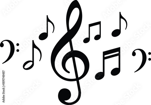 Musical notes and treble clef symbol floating around in a harmonious arrangement, viewed from a straightforward perspective