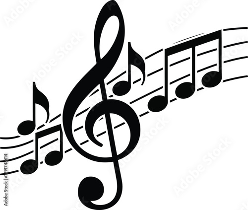 Treble clef symbol surrounded by musical notes on a staff, illustrating music notation in a simple graphic representation