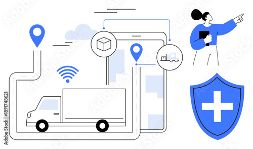 Logistics, transportation, delivery services, supply chain, technology, safety. Truck with route, tracking map shield icon and person pointing. Logistics and transportation with secure delivery