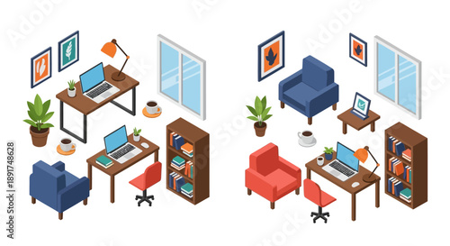 Isometric illustration of a modern home office setup with furniture