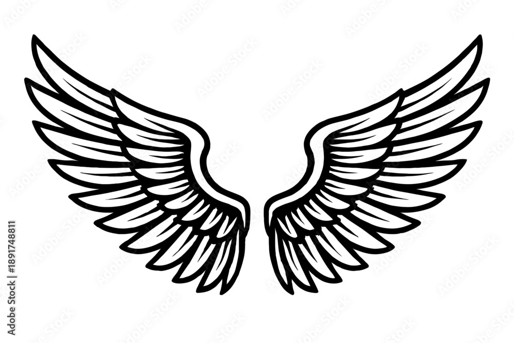 Obraz premium Detailed Wings Vector Illustration - Majestic Spread Angel or Eagle Wings for Freedom, Spirit, and Power Designs, Black and White Linear Art Isolated on White.