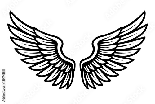 Detailed Wings Vector Illustration - Majestic Spread Angel or Eagle Wings for Freedom, Spirit, and Power Designs, Black and White Linear Art Isolated on White.
