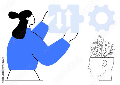 Woman holding a puzzle piece with arrows, a cogwheel symbolizing problem-solving, and a head with flowers representing creativity. Ideal for innovation, growth, strategy, mindfulness
