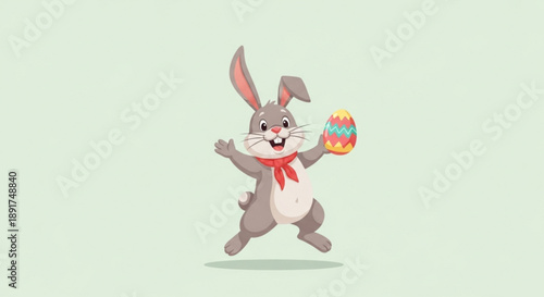 Cartoon easter bunny holding colorful egg dancing happily outdoors