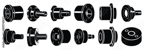 steel machine mounting silhouette vector icons set, industrial machinery parts abstract mechanical illustration.