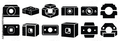 steel machine spacer silhouette vector icons set, industrial machinery parts abstract mechanical illustration.