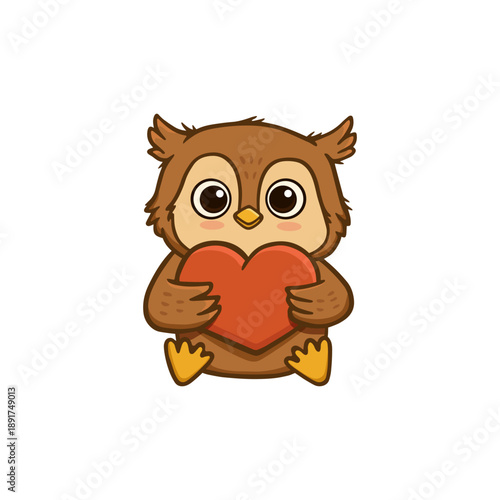 Cute cartoon owl with heart on white background. Owlet in flat style. Illustration for Valentines day card designs, banners, children's books and patterns. Vector illustration