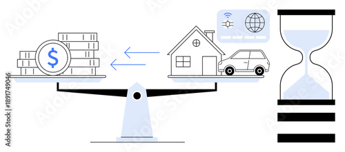 Scales weighing money and assets thumbs up a house, car, and digital connectivity. Hourglass symbolizes time. Ideal for finance, investment, decision-making, value comparison, budgeting opportunity