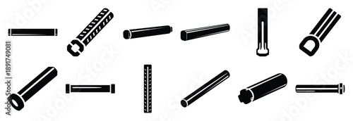steel rod silhouette vector icons set, industrial machinery parts abstract mechanical illustration.