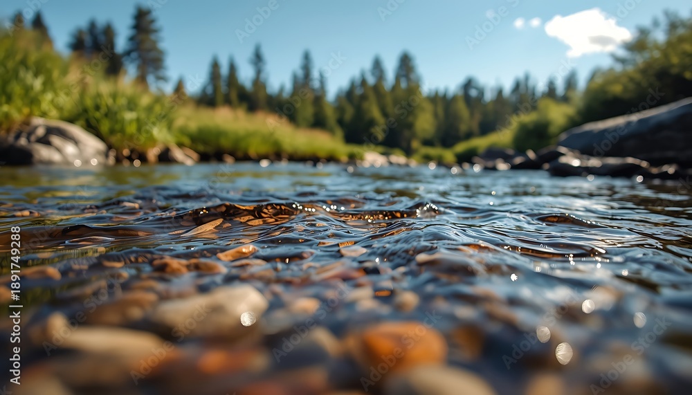 Fototapeta premium clear flowing river with gentle ripples and pebbles under a bright blue sky