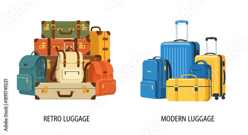 A colorful assortment of vintage and modern suitcases and travel bags