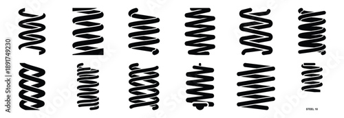 steel spring silhouette vector icons set, industrial machinery parts abstract mechanical illustration.