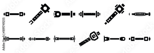 steel tension rod silhouette vector icons set, industrial machinery parts abstract mechanical illustration.