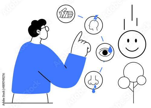 Human senses concept. Illustrations the five senses and their connection to emotions. Human senses play a crucial role in perception. For education, psychology, health, sensory learning