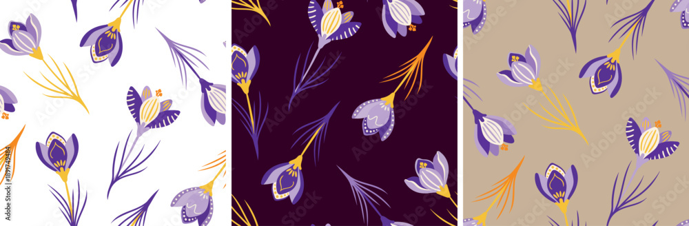 Obraz premium bohemian floral repeat background with blooming crocus flowers on white dark and beige backdrops for elegant surface design