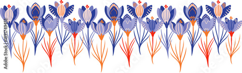 seamless spring crocus floral border with hand drawn ethnic elements for greeting cards and horizontal textile print