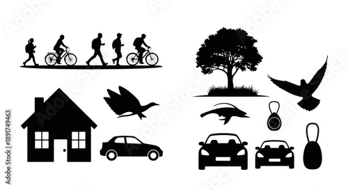 Black silhouettes depicting evolution nature and transportation