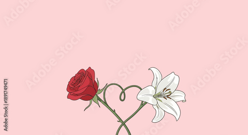 Red Rose and White Lily Forming Heart.