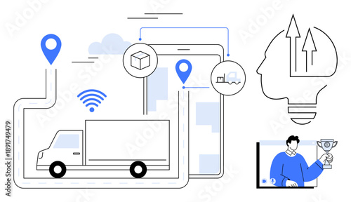 Truck icon with route path, GPS markers, wireless signals, mobile device, and head with upward arrows representing innovation. Ideal for delivery services, logistics, tech, efficiency GPS